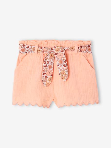 Cotton Gauze Shorts with Floral Belt for Babies apricot+ecru+navy blue - vertbaudet enfant 