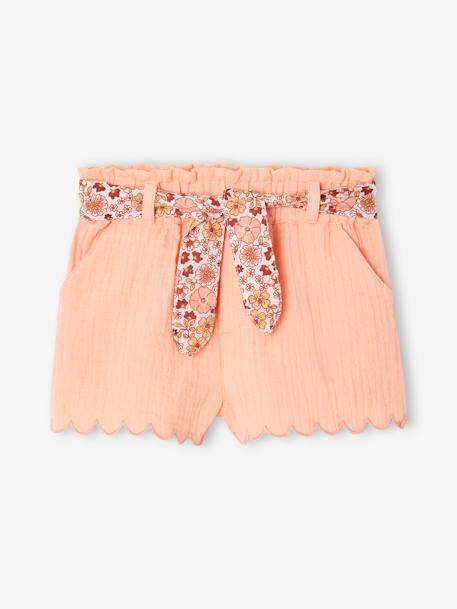 Short bébé fille en gaze de coton ceinture imprimée abricot+écru+rose bonbon - vertbaudet enfant 