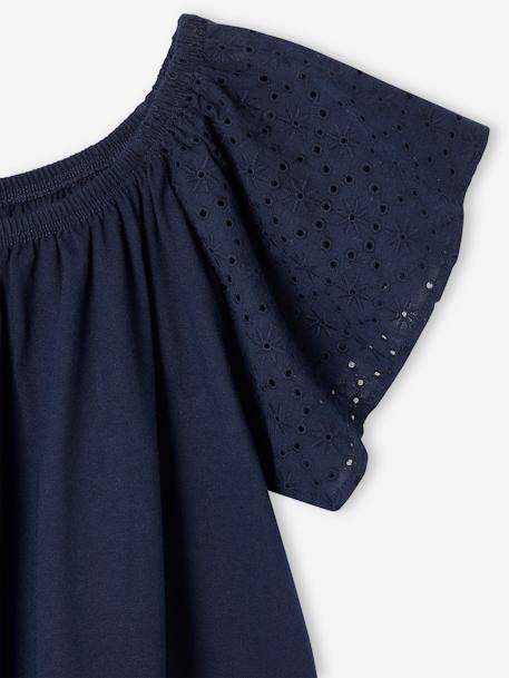 T-Shirt with Sleeves in Broderie Anglaise for Girls ecru+navy blue - vertbaudet enfant 