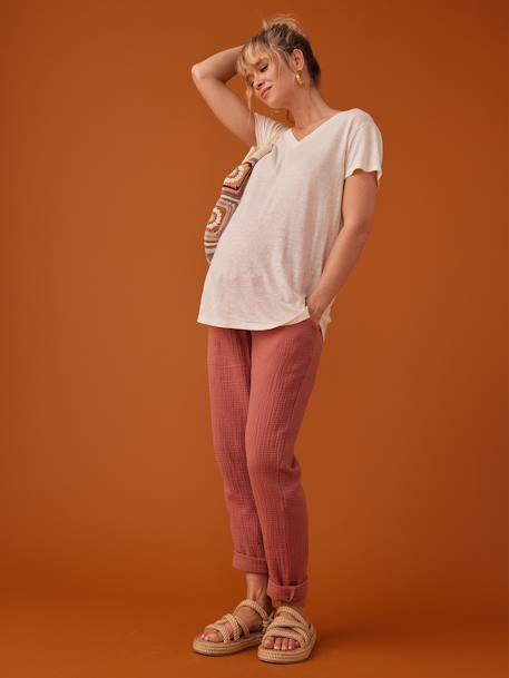 Paperbag-Style Trousers in Cotton Gauze for Maternity, by ENVIE DE FRAISE -  old rose, Maternity