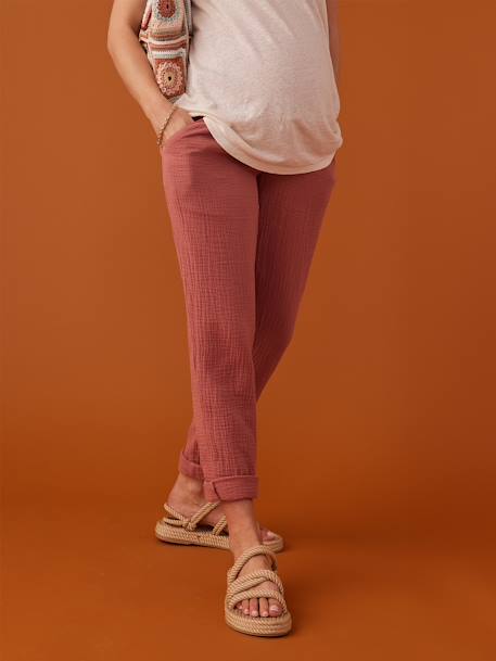 Pantalon grossesse en gaze de coton style paperbag sable+vieux rose - vertbaudet enfant 