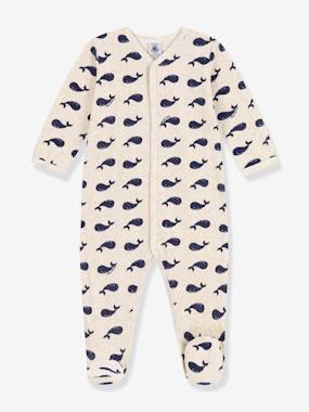 Baby-Pyjamas & Sleepsuits-Navy Whales Sleepsuit in Velour, for Babies by Petit Bateau