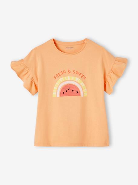 Tee-shirt motif à sequins fille écru+fraise+mandarine - vertbaudet enfant 