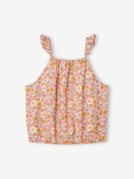 Cropped Blouse with Floral Print, Ruffles on the Straps, for Girls rosy apricot - vertbaudet enfant 
