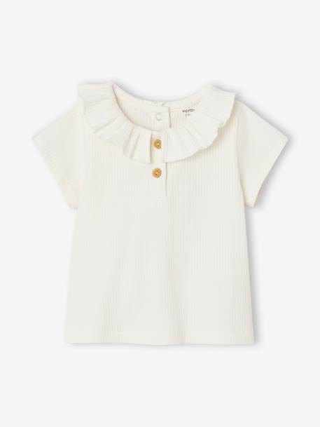 Rib Knit T-Shirt with Frilled Collar for Babies ecru+rose - vertbaudet enfant 