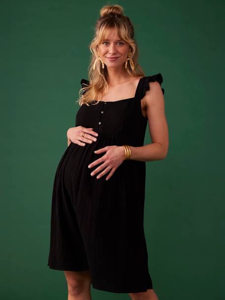 Robe de grossesse en gaze de coton bretelles à volants noir - vertbaudet enfant 