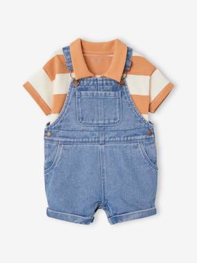 Denim Dungaree Shorts & Striped Polo Shirt Combo for Babies  - vertbaudet enfant