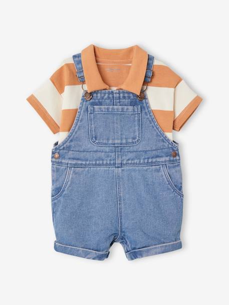 Denim Dungaree Shorts & Striped Polo Shirt Combo for Babies peach - vertbaudet enfant 