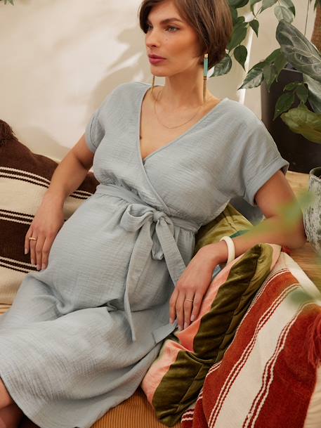 Organic Cotton Gauze Dress for Maternity, by ENVIE DE FRAISE sage green - vertbaudet enfant 