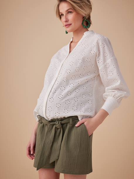 Paperbag-Effect Cotton Gauze Shorts for Maternity, ENVIE DE FRAISE olive - vertbaudet enfant 