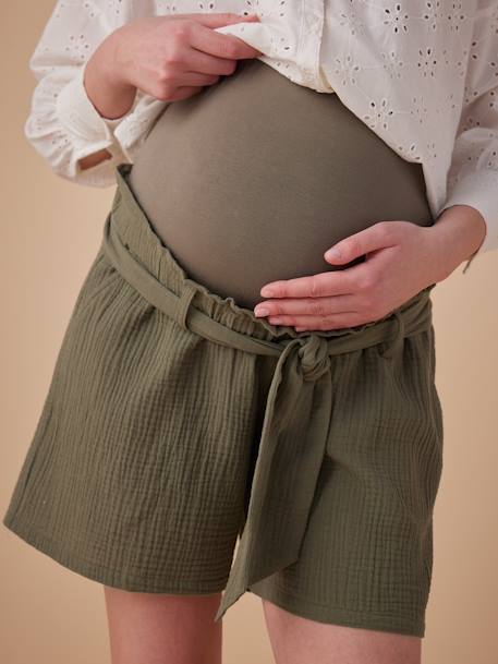 Paperbag-Effect Cotton Gauze Shorts for Maternity, ENVIE DE FRAISE olive - vertbaudet enfant 