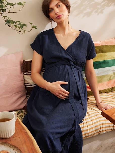 Long Dress for Maternity in Cotton Gauze, by ENVIE DE FRAISE navy blue+terracotta - vertbaudet enfant 