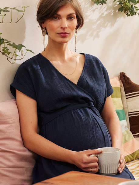 Robe longue grossesse effet cache-coeur en gaze de coton argile+beige+marine+terracotta - vertbaudet enfant 