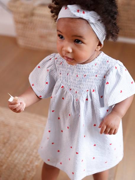 Ensemble en seersucker robe + short + bandeau bébé rayé bleu - vertbaudet enfant 