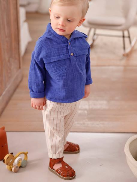 Cotton Gauze Shirt & Trousers Outfit for Babies royal blue - vertbaudet enfant 