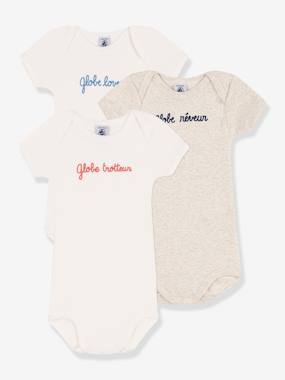 Baby-Pack of 3 Short Sleeve Cotton Bodysuits with Message, by PETIT BATEAU