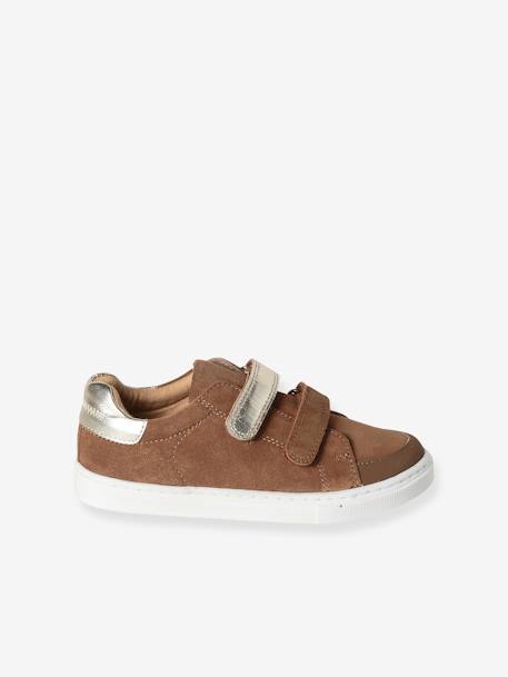 Hook-and-Loop Trainers in Leather for Girls brown+navy blue - vertbaudet enfant 