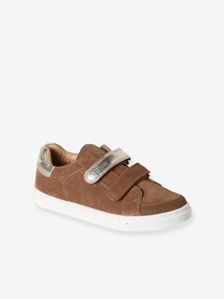 Baskets enfant fille cuir à scratchs marine+marron - vertbaudet enfant 