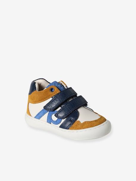 Baskets bébé garçon en cuir à scratchs bleu grisé+écru - vertbaudet enfant 