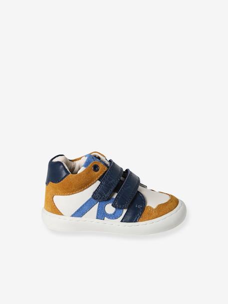 Baskets bébé garçon en cuir à scratchs bleu grisé+écru - vertbaudet enfant 