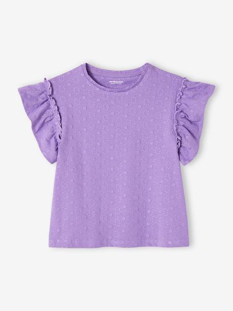 T-Shirt with Embroidered Flowers & Ruffled Sleeves for Girls violet - vertbaudet enfant 