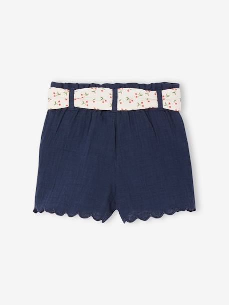 Cotton Gauze Shorts with Floral Belt for Babies apricot+ecru+navy blue - vertbaudet enfant 