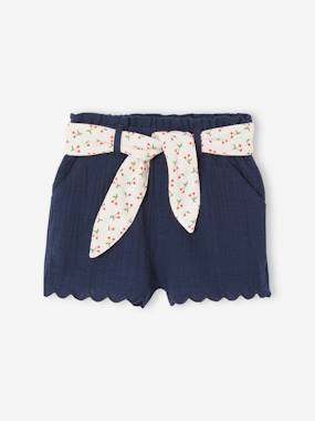 Cotton Gauze Shorts with Floral Belt for Babies  - vertbaudet enfant