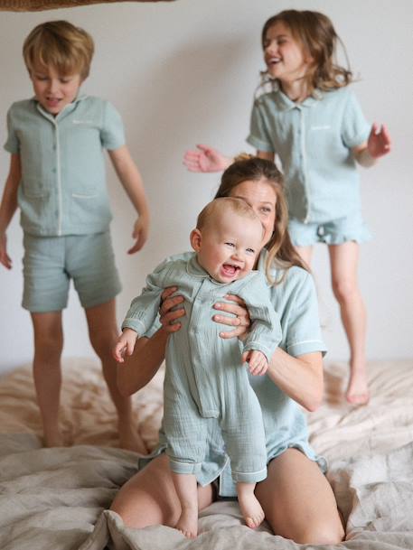 Cotton Gauze Sleepsuit for Babies, Team Famille sage green - vertbaudet enfant 