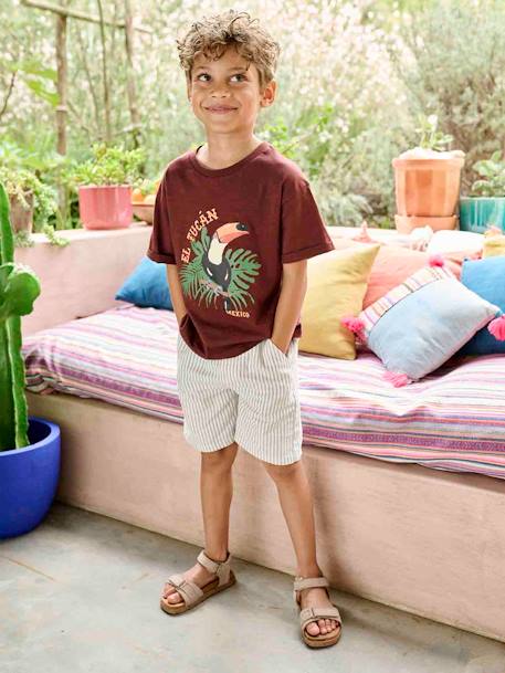 Cotton/Linen Bermuda Shorts for Boys aqua green+striped blue - vertbaudet enfant 
