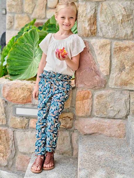 Fluid Cropped Trousers with Floral Print, for Girls ecru+green+rose - vertbaudet enfant 