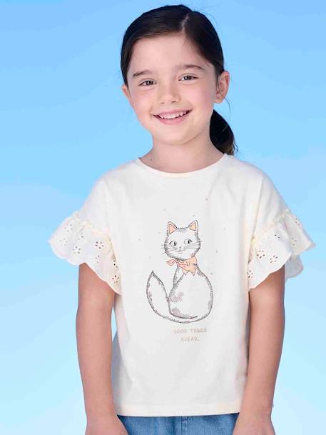 Romantic T-Shirt in Organic Cotton for Girls ecru+navy blue - vertbaudet enfant 
