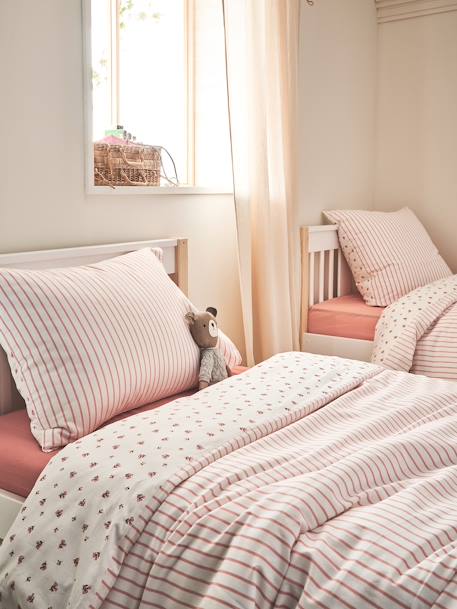 Reversible Duvet Cover + Pillowcase Essentials Set in Recycled Cotton, Flowers & Stripes printed pink - vertbaudet enfant 
