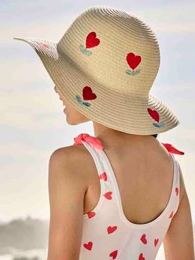Girls-Accessories-Hats-Capeline Style Hat in Straw-Effect with Hearts for Girls