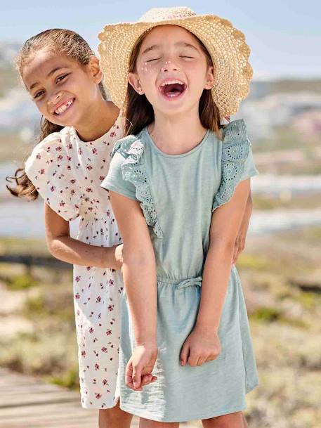 Ruffled Dress in Broderie Anglaise, for Girls grey green+navy blue+pale yellow - vertbaudet enfant 