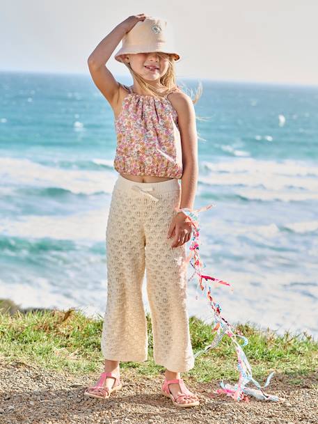Cropped Blouse with Floral Print, Ruffles on the Straps, for Girls rosy apricot - vertbaudet enfant 