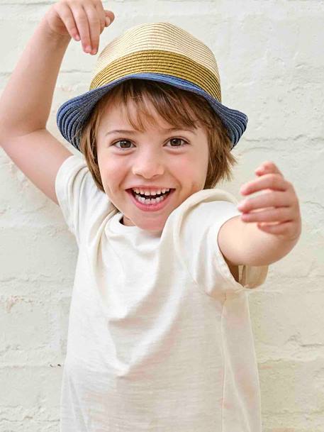 Three-Tone Panama-Style Hat, Straw-Like, for Boys wood - vertbaudet enfant 
