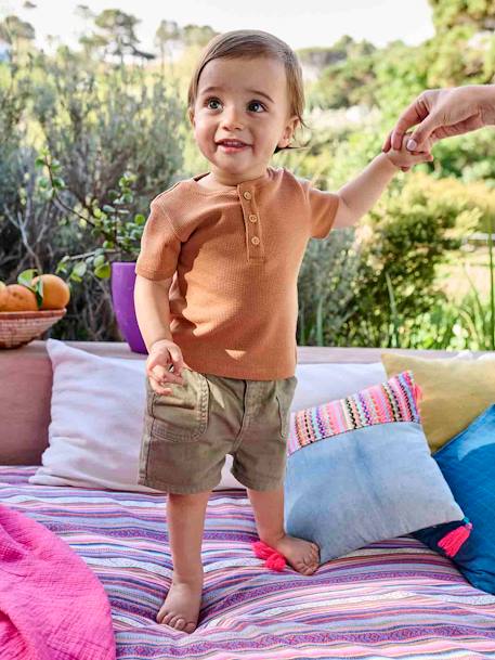 Honeycomb Grandad-Style T-Shirt for Babies camel+GREEN MEDIUM SOLID - vertbaudet enfant 