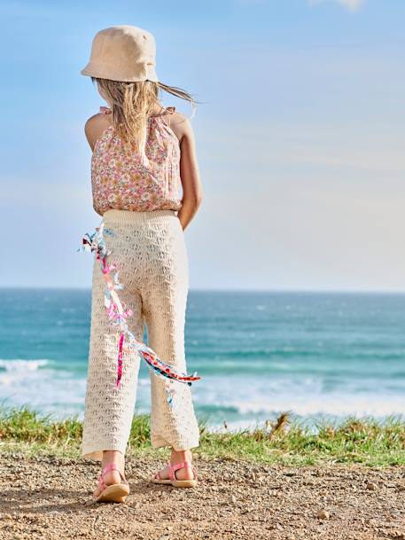 Cropped Blouse with Floral Print, Ruffles on the Straps, for Girls rosy apricot - vertbaudet enfant 