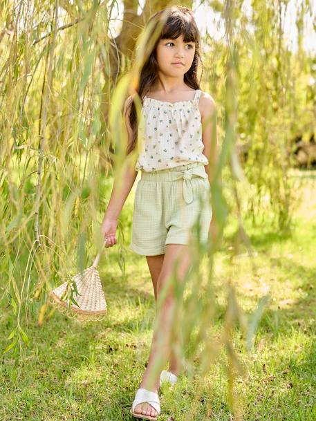 Paperbag Shorts in Cotton Gauze for Girls almond green+coral+pale blue+pale yellow+vanilla - vertbaudet enfant 