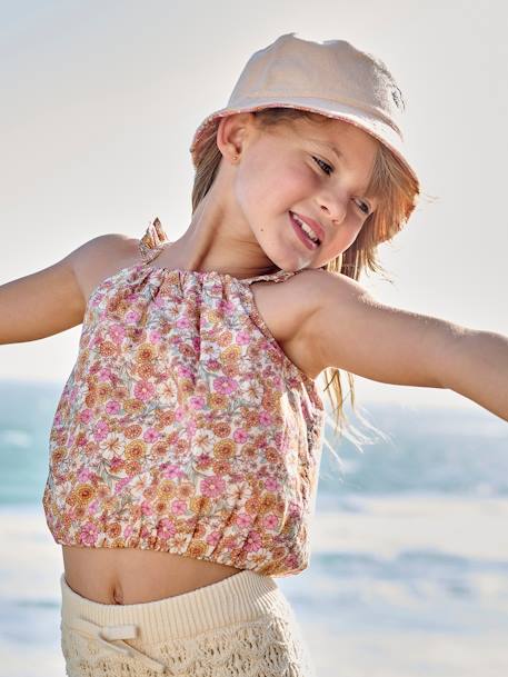 Cropped Blouse with Floral Print, Ruffles on the Straps, for Girls rosy apricot - vertbaudet enfant 