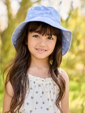 Girls-Accessories-Hats-Floral Capeline-Style Bucket Hat in Denim for Girls