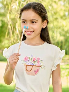 -Embroidered T-Shirt with Ruffle on the Sleeves, for Girls