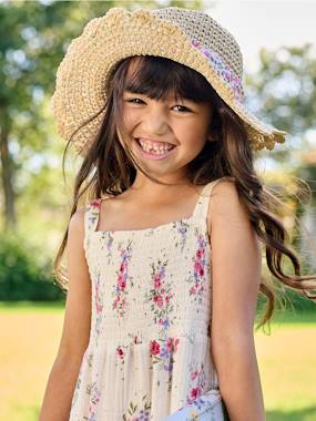 Fille-Accessoires- Chapeau-Chapeau aspect paille effet crochet avec ruban imprimé fille
