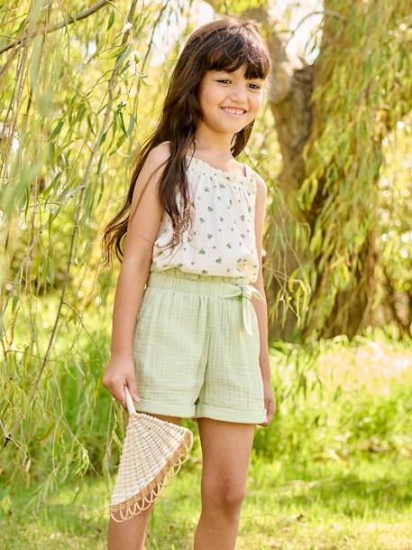 Strappy Blouse in Cotton Gauze, for Girls coral+ecru+fluorescent coral+printed white+sandy beige+WHITE LIGHT ALL OVER PRINTED - vertbaudet enfant 