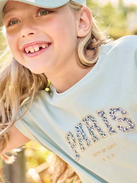 T-Shirt with Message in Flower Motifs for Girls ecru+pale yellow+sky blue - vertbaudet enfant 