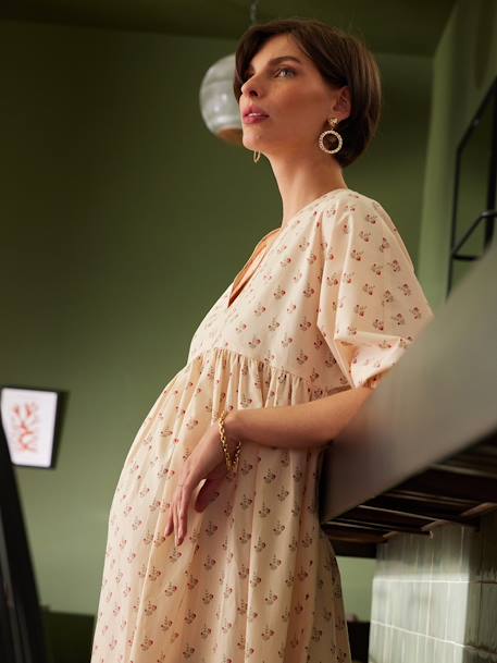 Maternity Dress with Printed Flowers, ENVIE DE FRAISE - sandy beige,  Maternity