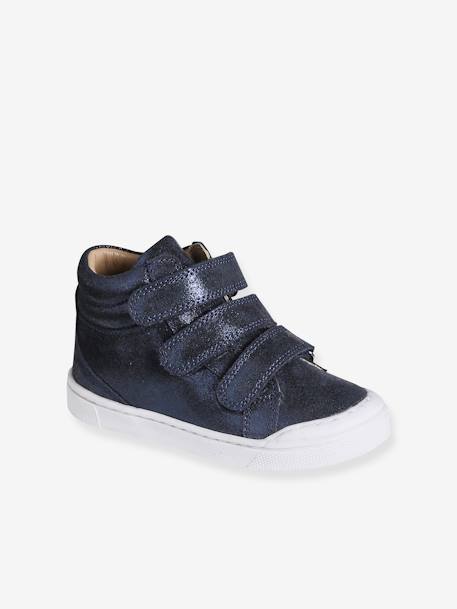 Baskets enfant fille cuir à scratchs beige imprimé+marine+or - vertbaudet enfant 