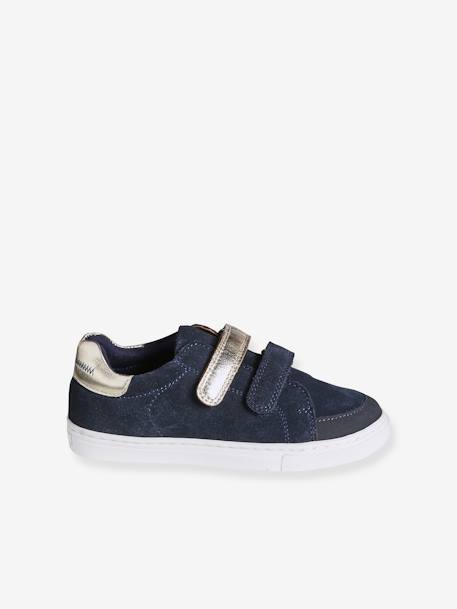 Hook-and-Loop Trainers in Leather for Girls brown+navy blue - vertbaudet enfant 