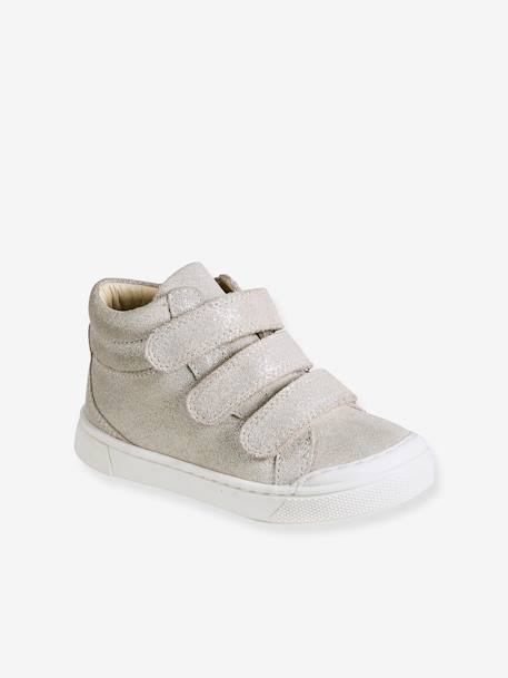 Baskets enfant fille cuir à scratchs beige imprimé+marine+or - vertbaudet enfant 