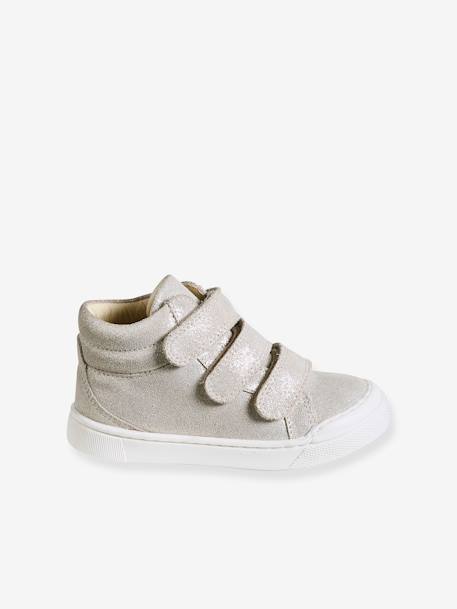 Baskets enfant fille cuir à scratchs beige imprimé+marine+or - vertbaudet enfant 